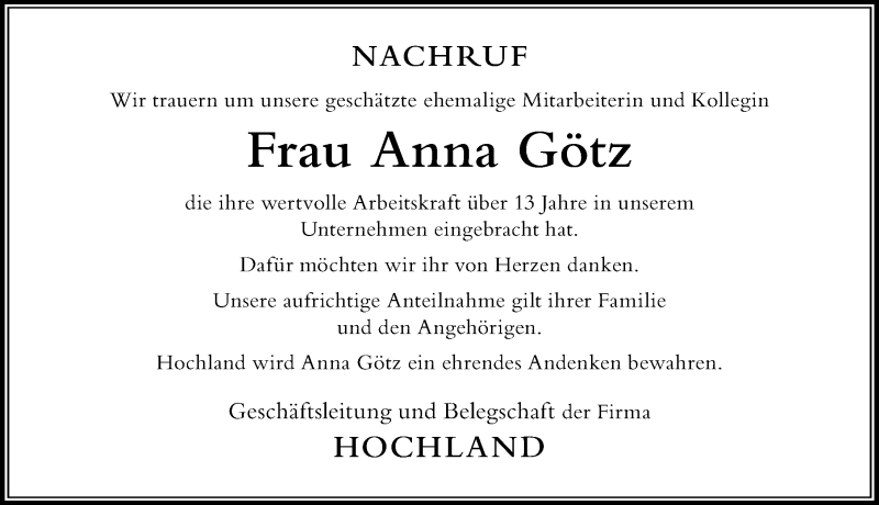 Traueranzeige von Anna Götz von Der Westallgäuer