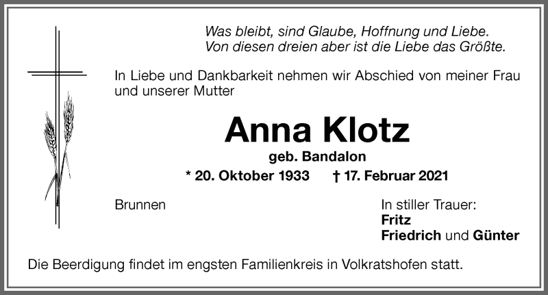 Traueranzeige von Anna Klotz von Memminger Zeitung