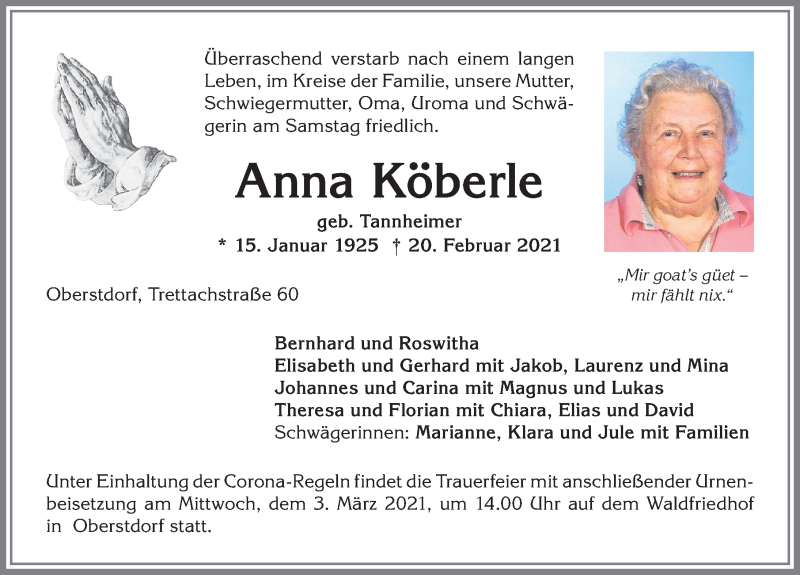 Traueranzeige von Anna Köberle von Allgäuer Anzeigeblatt