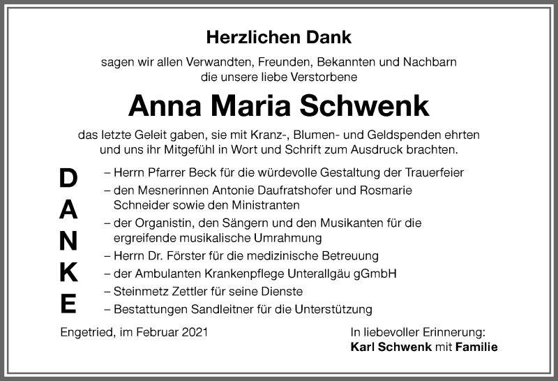 Traueranzeige von Anna Maria Schwenk von Memminger Zeitung