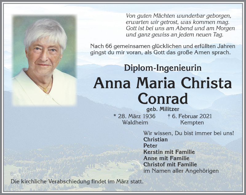 Traueranzeige von Anna Maria Christa Conrad von Allgäuer Zeitung,Kempten