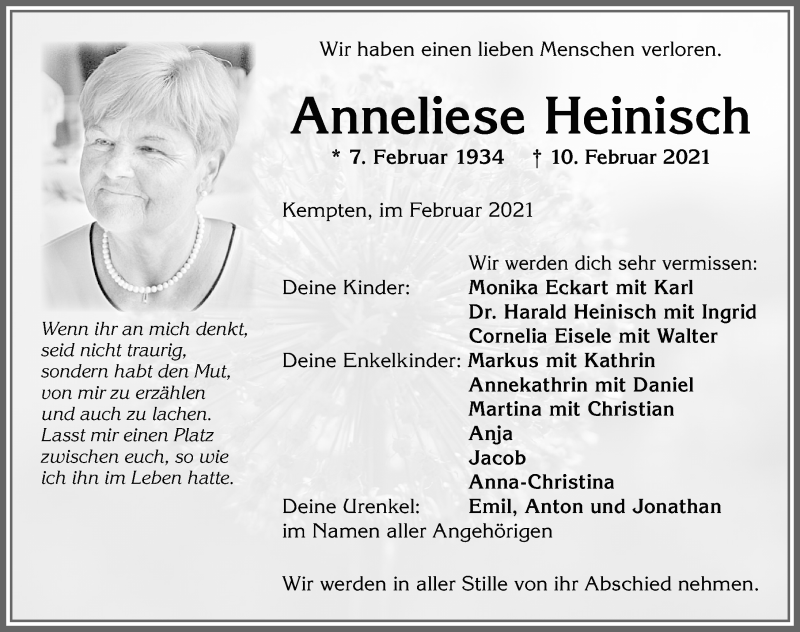 Traueranzeige von Anneliese Heinisch von Allgäuer Zeitung,Kempten