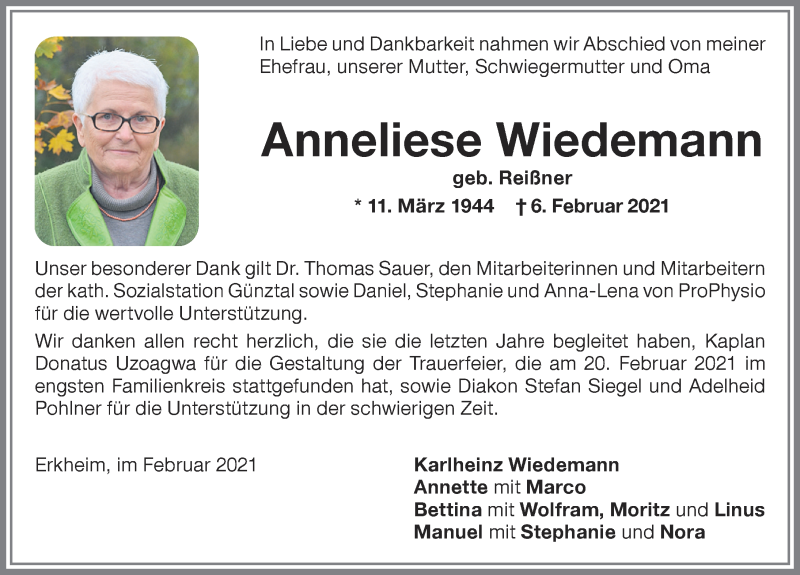 Traueranzeige von Anneliese Wiedemann von Memminger Zeitung