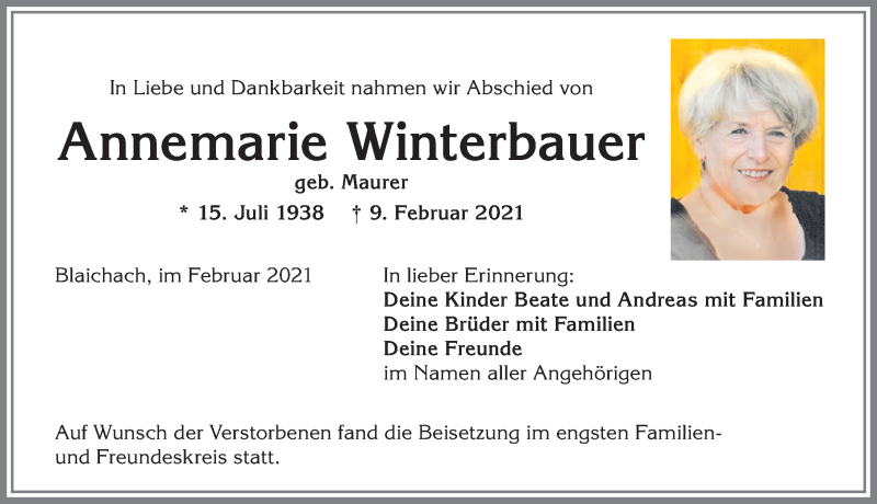 Traueranzeige von Annemarie Winterbauer von Allgäuer Anzeigeblatt