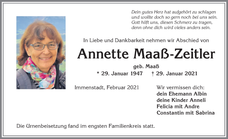 Traueranzeige von Annette Maaß-Zeitler von Allgäuer Anzeigeblatt