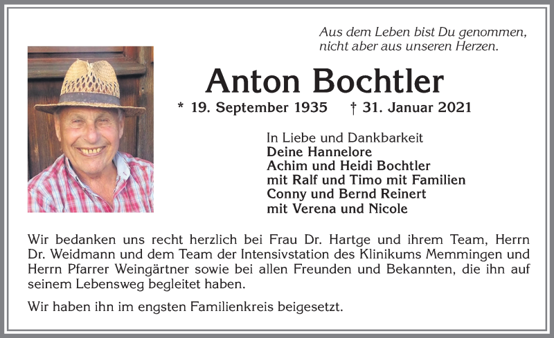 Traueranzeige von Anton Bochtler von Memminger Zeitung