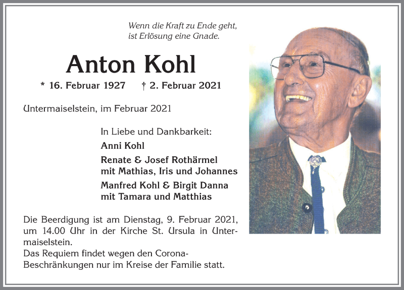 Traueranzeige von Anton Kohl von Allgäuer Anzeigeblatt