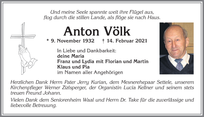 Traueranzeige von Anton Völk von Allgäuer Zeitung, Kaufbeuren/Buchloe