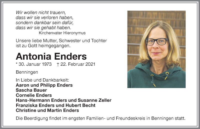 Traueranzeige von Antonia Enders von Memminger Zeitung