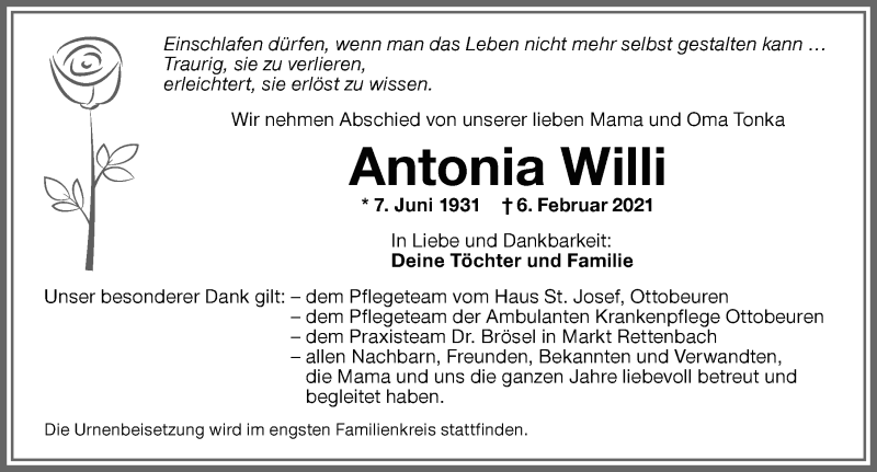 Traueranzeige von Antonia Willi von Memminger Zeitung