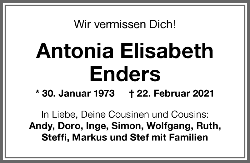 Traueranzeige von Antonia Elisabeth Enders von Memminger Zeitung