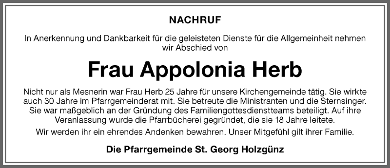 Traueranzeige von Appolonia Herb von Memminger Zeitung