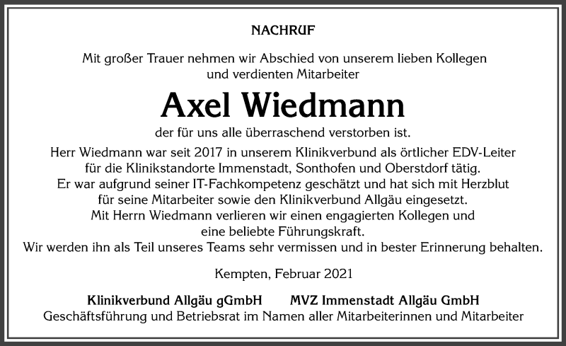 Traueranzeige von Axel Wiedmann von Allgäuer Anzeigeblatt