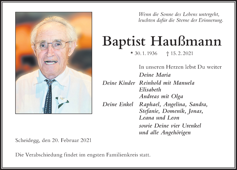 Traueranzeige von Baptist Haußmann von Der Westallgäuer