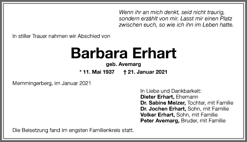 Traueranzeige von Barbara Erhart von Memminger Zeitung