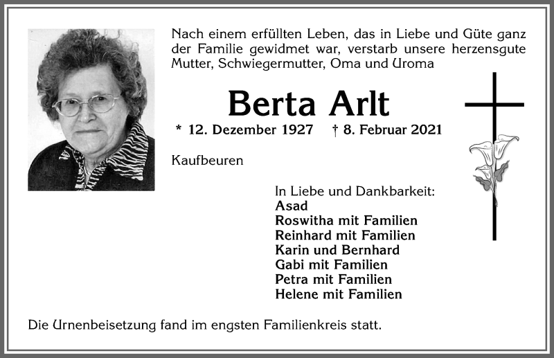 Traueranzeige von Berta Arlt von Allgäuer Zeitung, Kaufbeuren/Buchloe