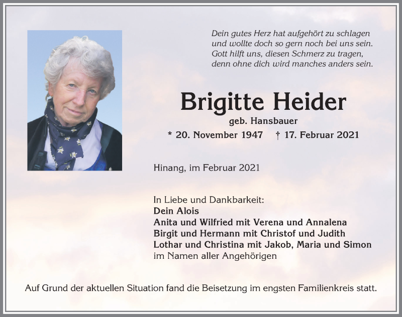 Traueranzeige von Brigitte Heider von Allgäuer Anzeigeblatt