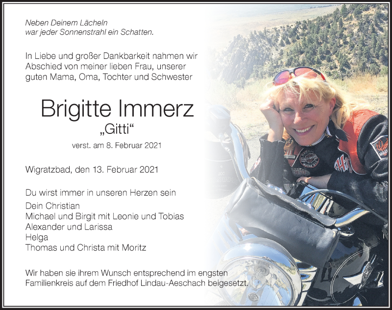 Traueranzeige von Brigitte Immerz von Der Westallgäuer