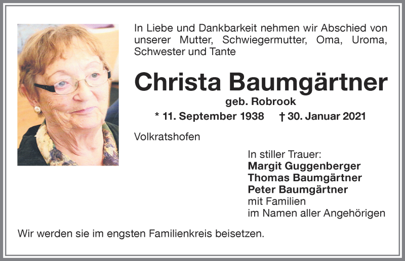 Traueranzeige von Christa Baumgärtner von Memminger Zeitung