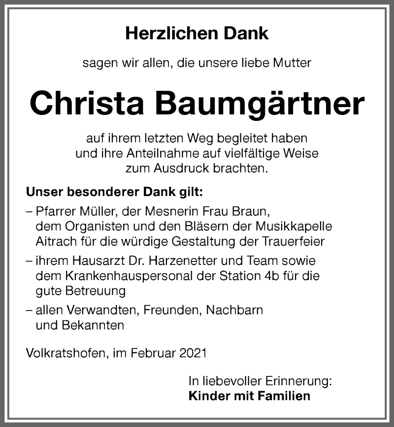 Traueranzeige von Christa Baumgärtner von Memminger Zeitung