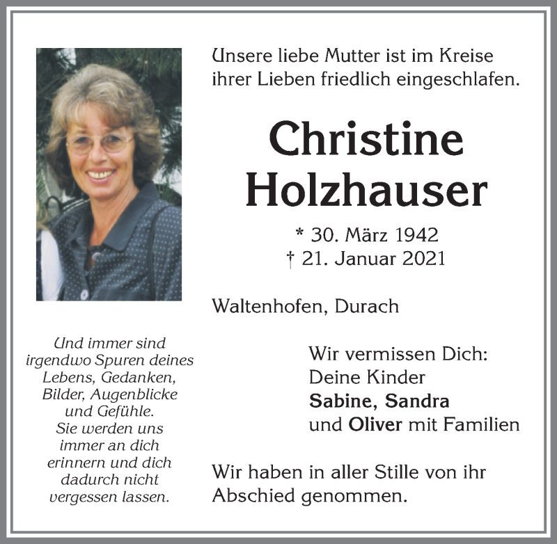 Traueranzeige von Christine Holzhauser von Allgäuer Zeitung,Kempten