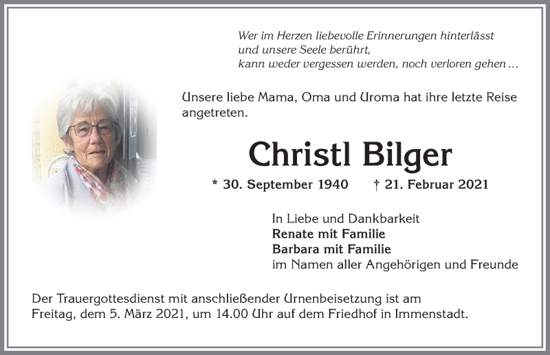 Traueranzeige von Christl Bilger von Allgäuer Anzeigeblatt