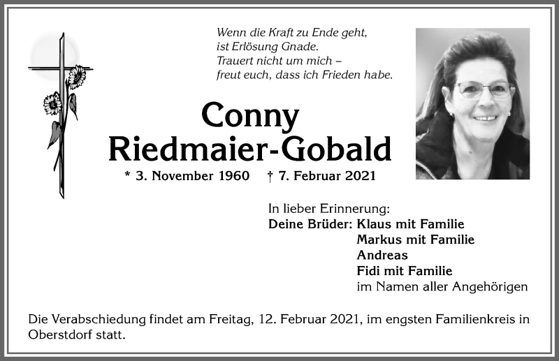 Traueranzeige von Conny Riedmaier-Gobald von Allgäuer Anzeigeblatt