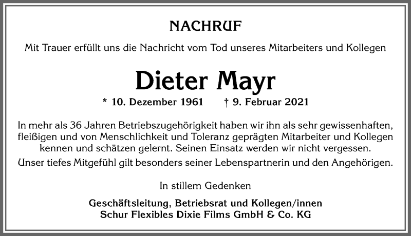 Traueranzeige von Dieter Mayr von Allgäuer Zeitung,Kempten