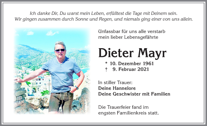 Traueranzeige von Dieter Mayr von Allgäuer Zeitung,Kempten