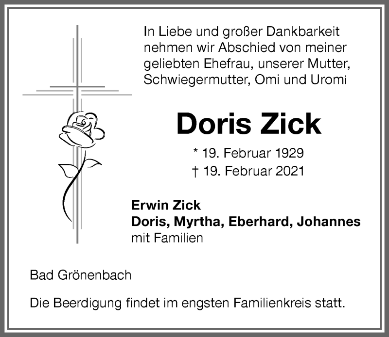 Traueranzeige von Doris Zick von Memminger Zeitung