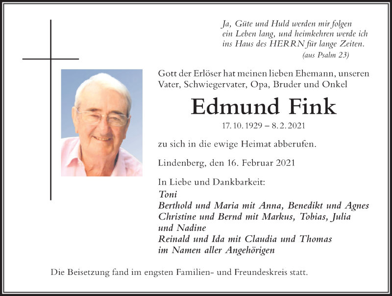 Traueranzeige von Edmund Fink von Der Westallgäuer