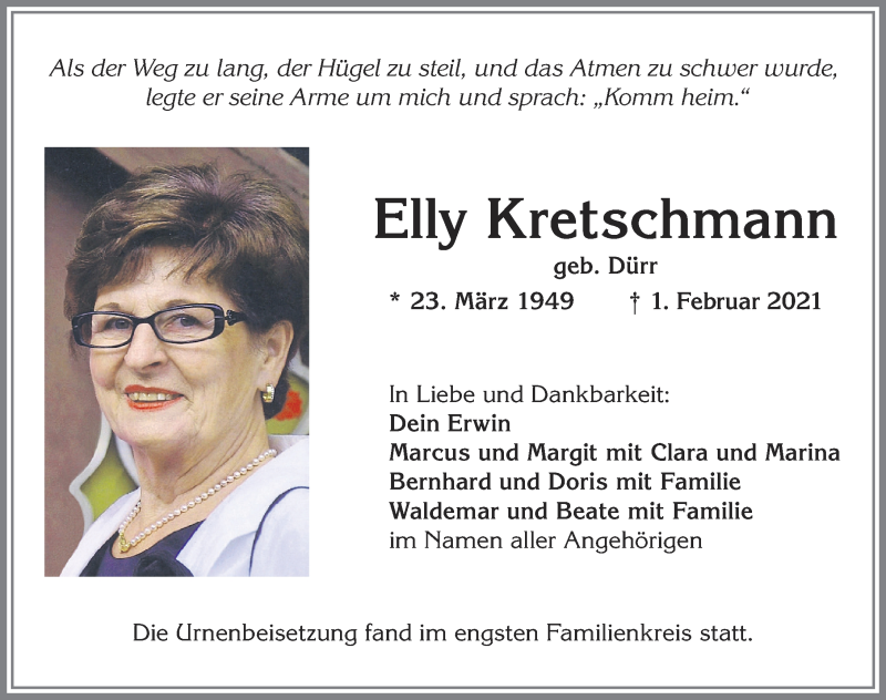 Traueranzeige von Elly Kretschmann von Allgäuer Zeitung, Kaufbeuren/Buchloe