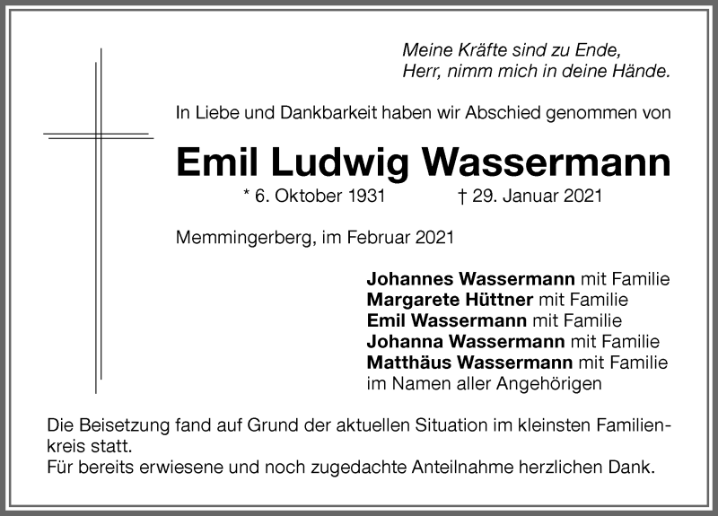 Traueranzeige von Emil Ludwig Wassermann von Memminger Zeitung