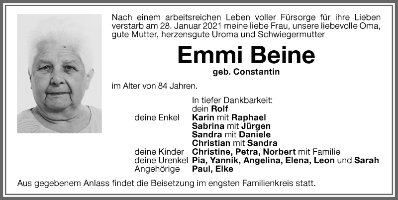 Traueranzeige von Emmi Beine von Memminger Zeitung