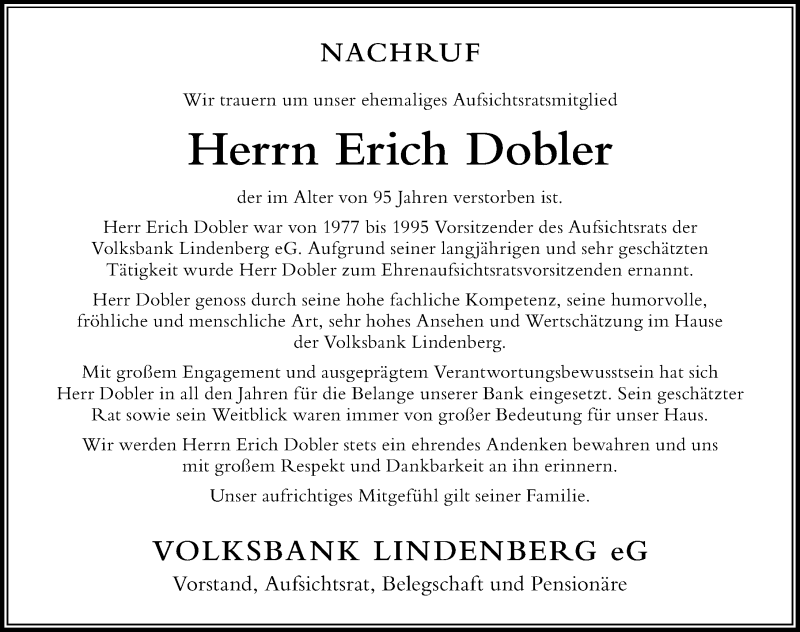 Traueranzeige von Erich Dobler von Der Westallgäuer