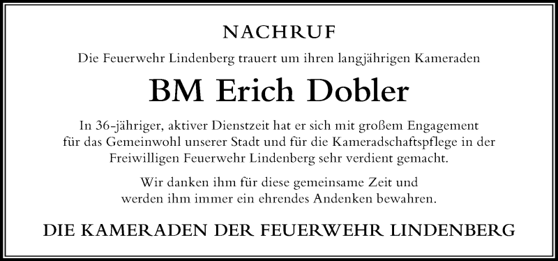 Traueranzeige von Erich Dobler von Der Westallgäuer