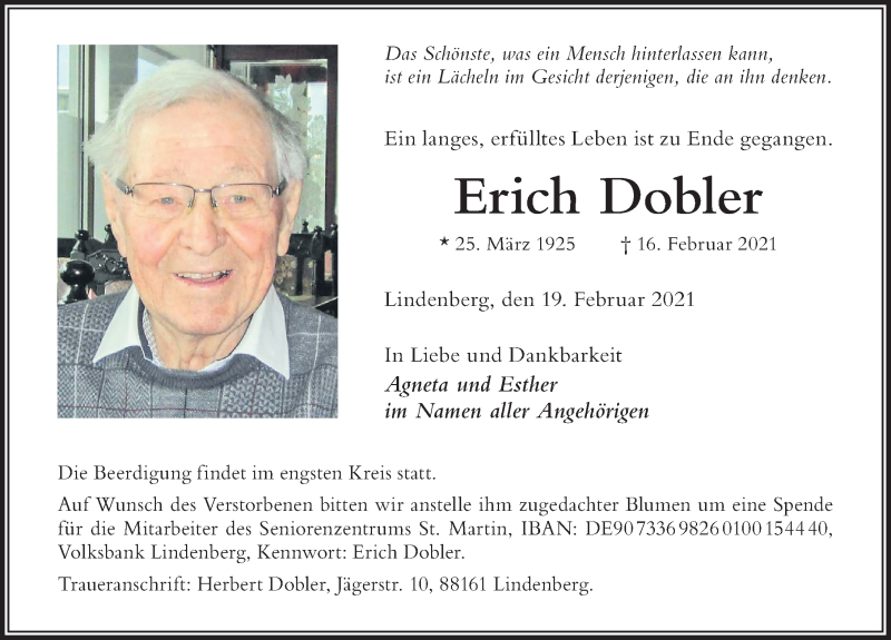 Traueranzeige von Erich Dobler von Der Westallgäuer