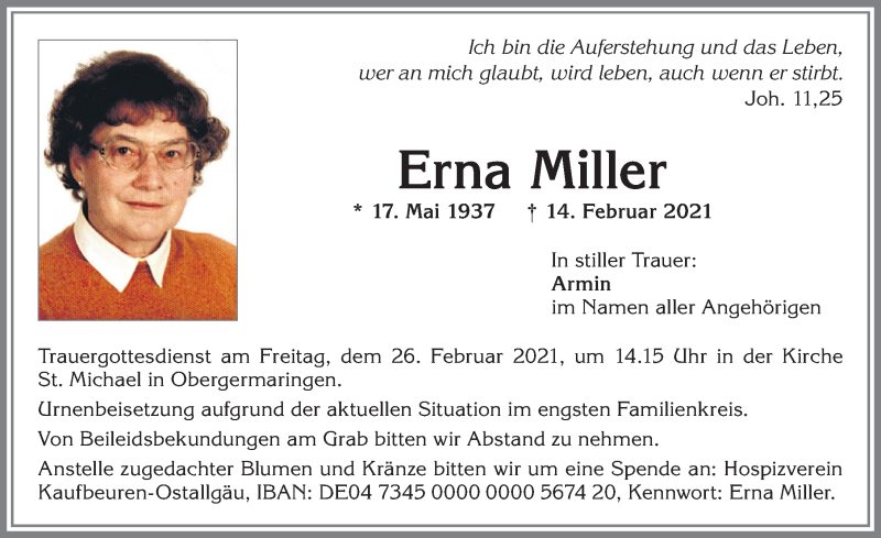 Traueranzeige von Erna Miller von Allgäuer Zeitung, Kaufbeuren/Buchloe