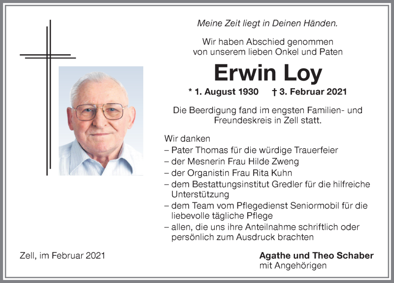 Traueranzeige von Erwin Loy von Memminger Zeitung