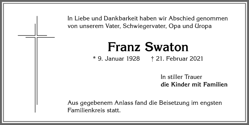 Traueranzeige von Franz Swaton von Memminger Zeitung