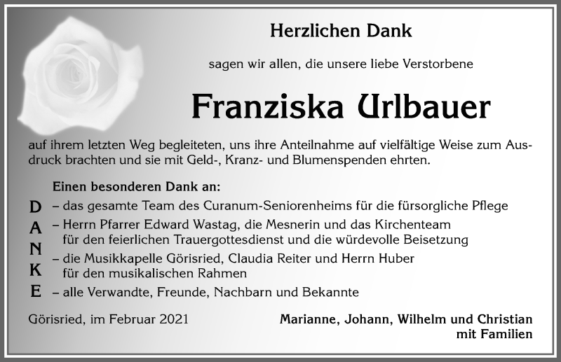 Traueranzeige von Franziska Urlbauer von Allgäuer Zeitung, Marktoberdorf