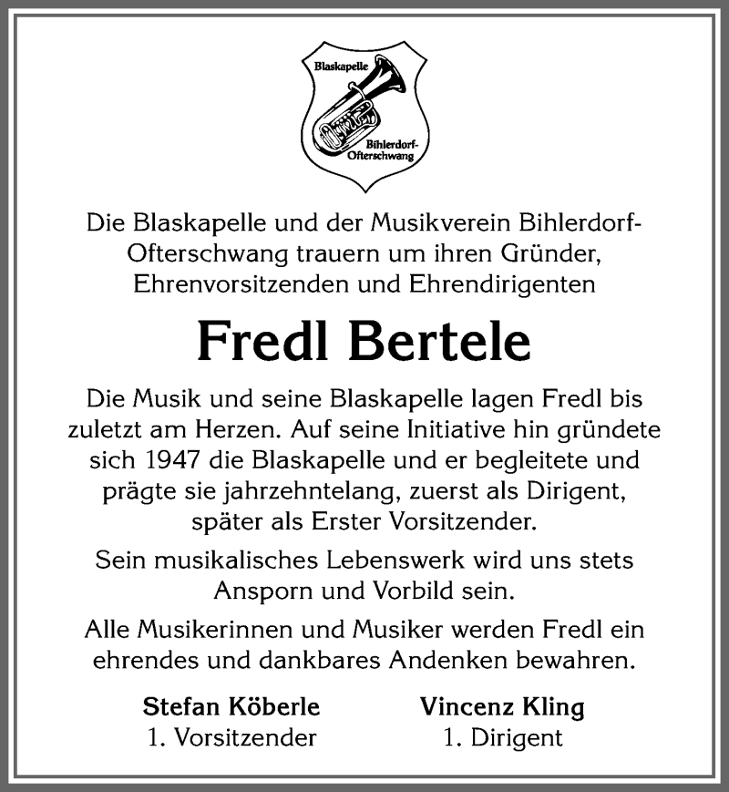 Traueranzeige von Fredl Bertele von Allgäuer Anzeigeblatt