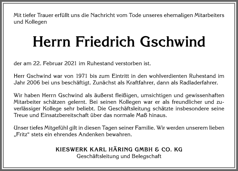 Traueranzeige von Friedrich Gschwind von Memminger Zeitung