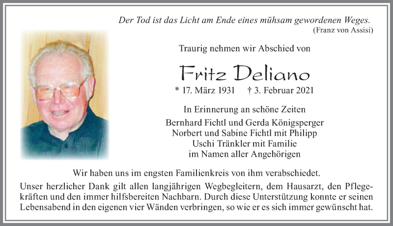 Traueranzeige von Fritz Deliano von Allgäuer Zeitung, Marktoberdorf