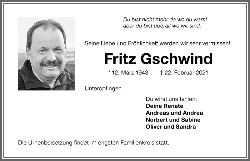 Traueranzeige von Fritz Gschwind von Memminger Zeitung