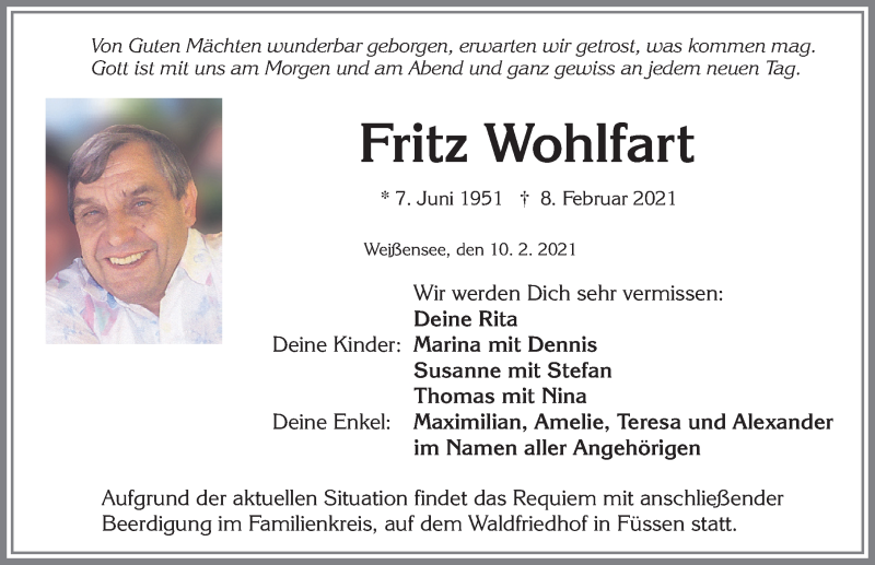 Traueranzeige von Fritz Wohlfart von Allgäuer Zeitung, Füssen