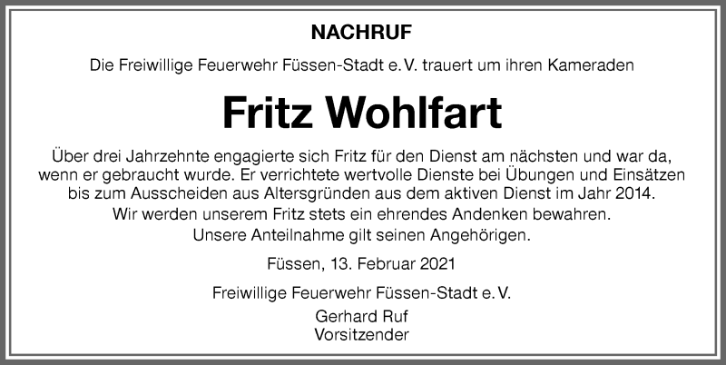 Traueranzeige von Fritz Wohlfart von Allgäuer Zeitung, Füssen