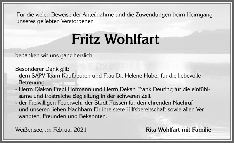 Traueranzeige von Fritz Wohlfart von Allgäuer Zeitung, Füssen