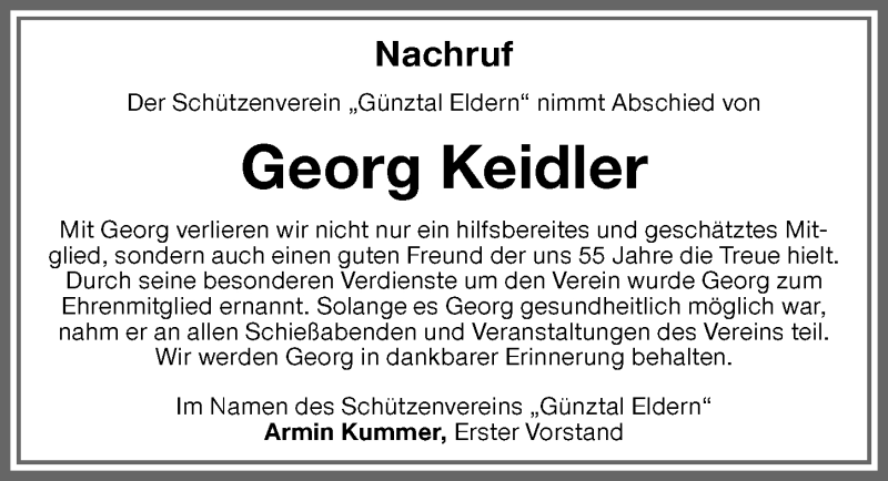 Traueranzeige von Georg Keidler von Memminger Zeitung