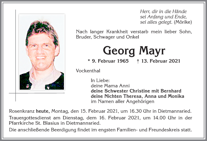 Traueranzeige von Georg Mayr von Allgäuer Zeitung,Kempten